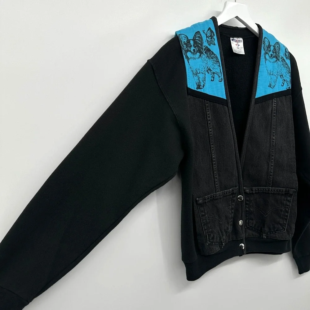 Vintage Upcycled Papillion Dog‎ Lover Jacket Size Small Fleece Denim Pockets